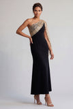 Vestido Midi Mãe da Noiva Preto e Vermelho de Um Ombro com Lantejoulas