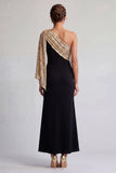 Vestido Midi Mãe da Noiva Preto e Vermelho de Um Ombro com Lantejoulas
