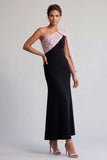 Vestido Midi Mãe da Noiva Preto e Vermelho de Um Ombro com Lantejoulas