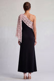 Vestido Midi Mãe da Noiva Preto e Vermelho de Um Ombro com Lantejoulas