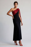 Vestido Midi Mãe da Noiva Preto e Vermelho de Um Ombro com Lantejoulas