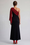 Vestido Midi Mãe da Noiva Preto e Vermelho de Um Ombro com Lantejoulas