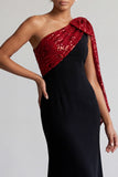 Vestido Midi Mãe da Noiva Preto e Vermelho de Um Ombro com Lantejoulas