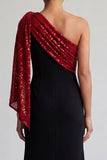 Vestido Midi Mãe da Noiva Preto e Vermelho de Um Ombro com Lantejoulas