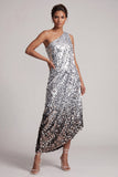 Vestido Midi Midi Mãe da Noiva em prata prateada brilhante com lantejoulas