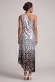 Vestido Midi Midi Mãe da Noiva em prata prateada brilhante com lantejoulas