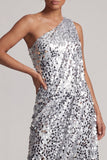 Vestido Midi Midi Mãe da Noiva em prata prateada brilhante com lantejoulas