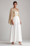 Vestido Midi Mãe da Noiva Champanhe Linha A de um ombro com lantejoulas
