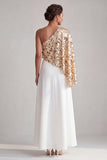 Vestido Midi Mãe da Noiva Champanhe Linha A de um ombro com lantejoulas