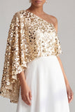 Vestido Midi Mãe da Noiva Champanhe Linha A de um ombro com lantejoulas