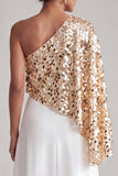 Vestido Midi Mãe da Noiva Champanhe Linha A de um ombro com lantejoulas