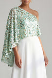 Vestido Midi Mãe da Noiva Champanhe Linha A de um ombro com lantejoulas