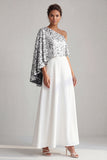 Vestido Midi Mãe da Noiva Champanhe Linha A de um ombro com lantejoulas