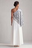 Vestido Midi Mãe da Noiva Champanhe Linha A de um ombro com lantejoulas