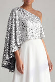 Vestido Midi Mãe da Noiva Champanhe Linha A de um ombro com lantejoulas