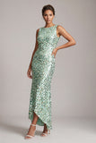 Vestido Midi Mãe da Noiva Verde Verde Brilhante Assimétrico de Decote Redondo Mãe da Noiva com Lantejoulas