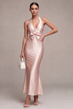 Vestido Midi sem costas sem costas com gola alta, sereia cor-de-rosa escuro e laço
