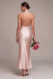 Vestido Midi sem costas sem costas com gola alta, sereia cor-de-rosa escuro e laço