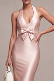 Vestido Midi sem costas sem costas com gola alta, sereia cor-de-rosa escuro e laço