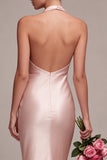 Vestido Midi sem costas sem costas com gola alta, sereia cor-de-rosa escuro e laço