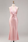 Vestido Midi sem costas sem costas com gola alta, sereia cor-de-rosa escuro e laço