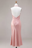 Vestido Midi sem costas sem costas com gola alta, sereia cor-de-rosa escuro e laço