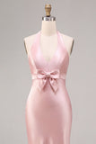 Vestido Midi sem costas sem costas com gola alta, sereia cor-de-rosa escuro e laço