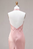 Vestido Midi sem costas sem costas com gola alta, sereia cor-de-rosa escuro e laço