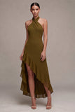 Vestido Midi de Chiffon Olive A-Line A-Line com decote halter com folhos