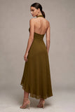 Vestido Midi de Chiffon Olive A-Line A-Line com decote halter com folhos