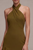 Vestido Midi de Chiffon Olive A-Line A-Line com decote halter com folhos