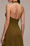 Vestido Midi de Chiffon Olive A-Line A-Line com decote halter com folhos