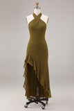 Vestido Midi de Chiffon Olive A-Line A-Line com decote halter com folhos