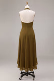 Vestido Midi de Chiffon Olive A-Line A-Line com decote halter com folhos