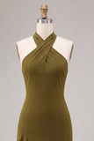 Vestido Midi de Chiffon Olive A-Line A-Line com decote halter com folhos