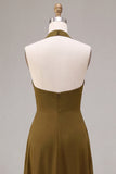 Vestido Midi de Chiffon Olive A-Line A-Line com decote halter com folhos