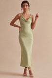 Vestido Midi de Sereia de Cetim Verde Claro com Gola Escuro