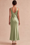 Vestido Midi de Sereia de Cetim Verde Claro com Gola Escuro