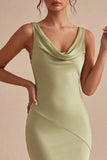 Vestido Midi de Sereia de Cetim Verde Claro com Gola Escuro