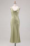 Vestido Midi de Sereia de Cetim Verde Claro com Gola Escuro