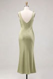 Vestido Midi de Sereia de Cetim Verde Claro com Gola Escuro