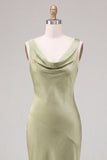 Vestido Midi de Sereia de Cetim Verde Claro com Gola Escuro