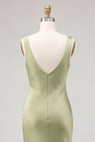 Vestido Midi de Sereia de Cetim Verde Claro com Gola Escuro