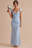 Vestido Maxi Azul Celeste, Sereia Franzida com Gola Enrugada