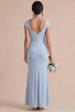 Vestido Maxi Azul Celeste, Sereia Franzida com Gola Enrugada