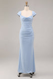 Vestido Maxi Azul Celeste, Sereia Franzida com Gola Enrugada
