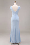 Vestido Maxi Azul Celeste, Sereia Franzida com Gola Enrugada