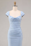 Vestido Maxi Azul Celeste, Sereia Franzida com Gola Enrugada