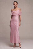 Vestido Midi de Sereia de ombro frio cor-de-rosa escuro em chiffon