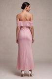 Vestido Midi de Sereia de ombro frio cor-de-rosa escuro em chiffon
